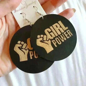 Girl power round wooden engraved statement earrings new